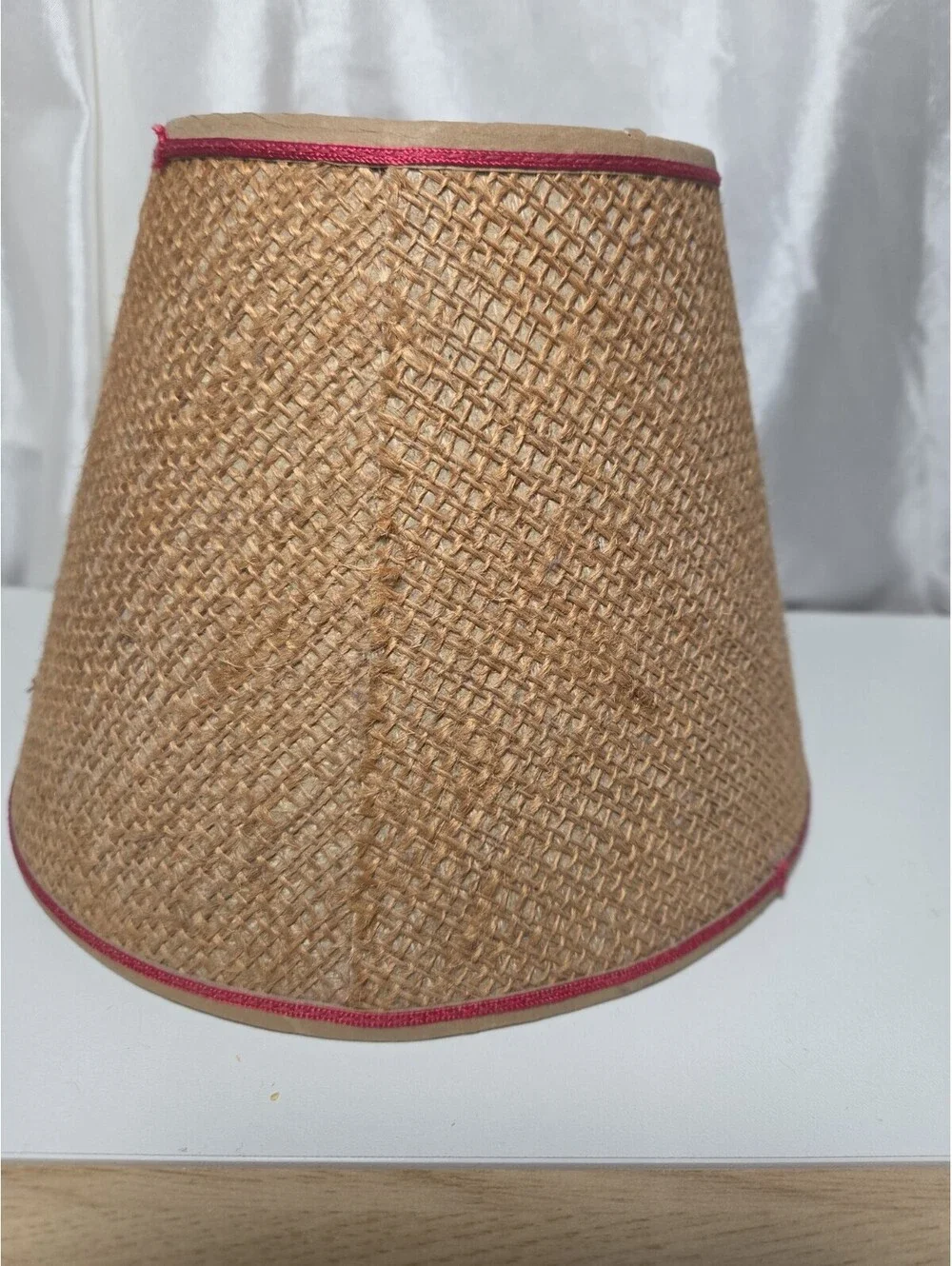 Vintage Clip On Burlap W/ Red Satin Trim Lamp Shade Parchment Paper Interior